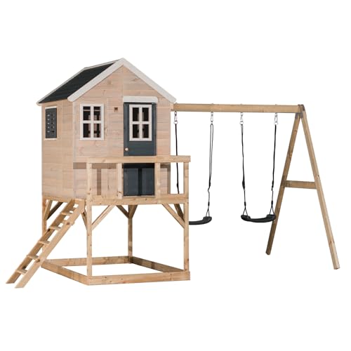 Wendi Toys M27 Stelzenhaus mit Doppelschaukel, Spielturm aus Holz für Kinder Garten Outdoor, Podesthöhe 90 cm, 192×405×242 cm, mit Leiter, Terrasse, Fensterläden, Boden, wetterfest