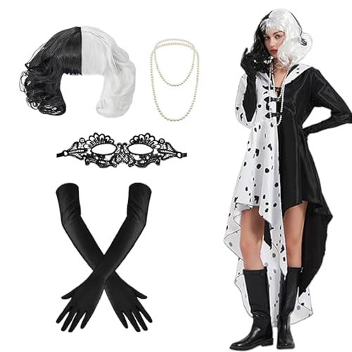 AXERHK Dalmatian Devil Kostüm Damen, Faschingskostüme Damen, 7 Stück Cosplay Kapuzenmantel Strickjacke Perücke Handschuhe Augenmaske Halskette Zigarettenstange, für Faschingskostüme (L)
