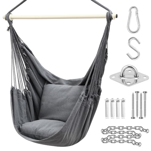 Ohuhu Hängesessel mit 2 Kissen und Deckenhaken-Kit, Hängesessel Outdoor XL Hängestuhl bis 150 kg für Erwachsene & Mädchen, Hängesitz Aufhängung Indoor Outdoor Schlafzimmer und Garten, Anthrazit
