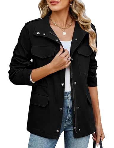 CMTOP Übergangsjacke Damen Kurz Leichte Jacke, Baumwolle Casual Blouson Zip Up Solid Übergangsmantel Oberbekleidung mit Multi-Tasche für Frühling Sommer Herbst(Schwarz,L)