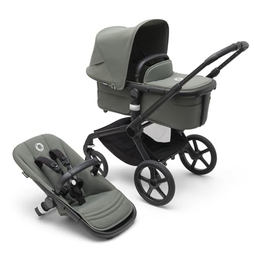 Bugaboo Fox 5, 2-in-1 Kinderwagen für jedes Gelände, mit Liegewanne und ausziehbarem Kleinkindsitz, einfach zu manövrieren und Ein-Hand Faltung, Fahrgestell in Schwarz und Sonnendach in Forest Green