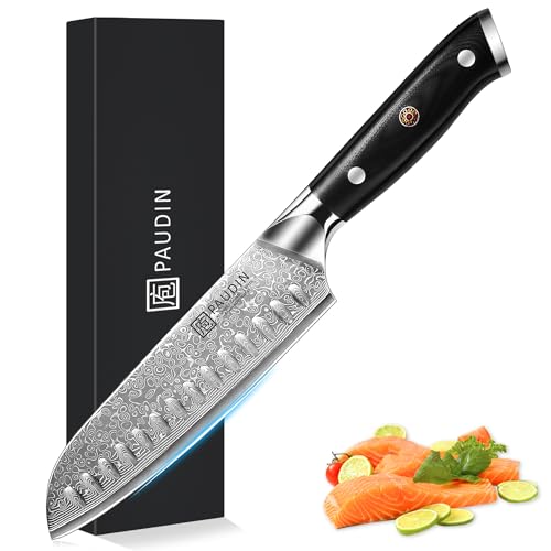 PAUDIN Santokumesser Damastmesser 17 cm, Ultra Scharfes Kochmesser aus 67 Lagen Damaststahl mit japanischem VG10- Kern, Profi Küchenmesser mit ergonomischem G10-Griff