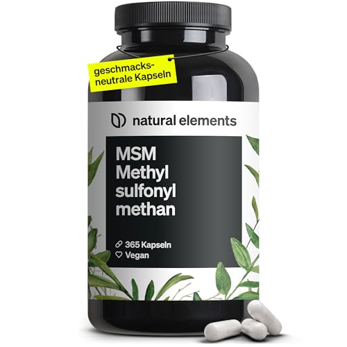natural elements MSM Kapseln - 365 vegane Kapseln - Laborgeprüfte 1600mg Methylsulfonylmethan (MSM) Pulver pro Tagesdosis - Ohne Magnesiumstearat, hochdosiert und in Deutschland produziert