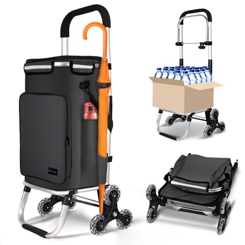 VOUNOT® Aluminium Einkaufstrolley Treppensteiger, 3 in 1 Trolly Einkaufswagen Klappbar, Hackenporsche mit Kühlfach und Haken, 6 Rädern & großer Kapazität, Wasserdicht, Schwarz
