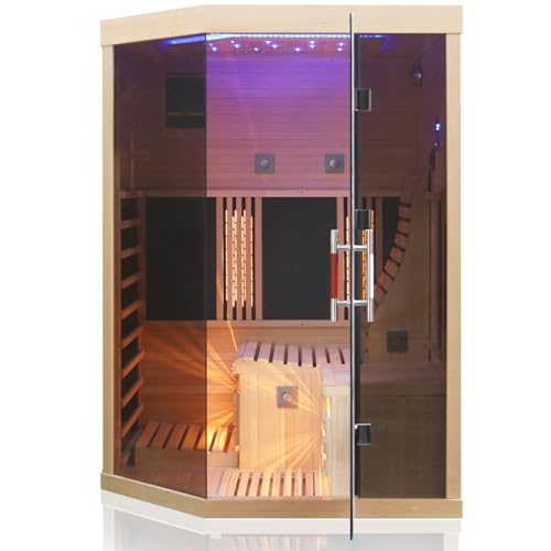 Dewello® Infrarotsauna Infrarotkabine Ottawa 140x120 1-2 Person Vollspektrumstrahler Bodenstrahler LED-Farblicht aus Hemlock Tannenholz, Bluetooth FM MP3 USB
