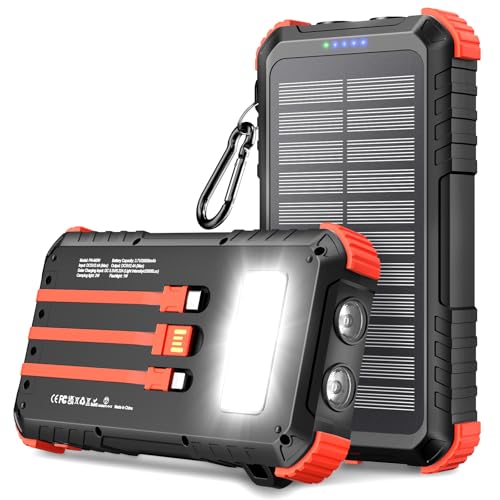 Solar Powerbank 26800mAh, Powerbank PD15W USB C Externer Akku mit 3 Kabeln, 5 Ausgänge 3 Eingänge Wasserdichtes Solar Ladegerät mit Zwei Taschenlampen und Karabiner für Camping