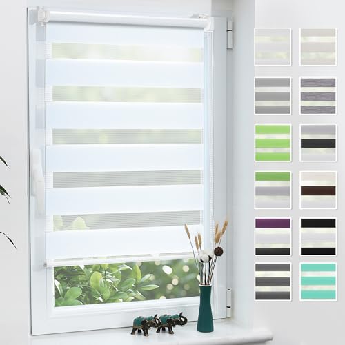 Grandekor Doppelrollo Klemmfix ohne Bohren Weiß 90x120cm(Stoffbreite 86cm) Fenster Rollos für innen Klemmrollos Duo Rollos für Fenster ohne Bohren mit Bohren Privatschutz UV-Schutz Zebrarollo
