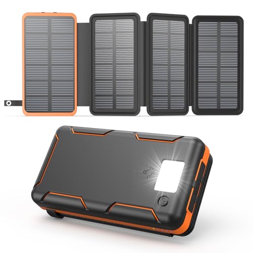 A ADDTOP Solar Power Bank - 25000 mAh Solar PowerBank mit 4 Solarpanels - 3.0A Schnelllade Ladegerät Tragbare Akkupack Externe Handyakkus mit 3 Ausgangs für Smartphones, Tablets,