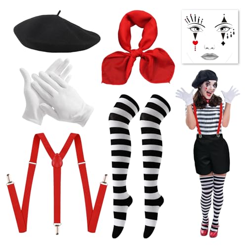 Snyvpra Zirkus Kostüm Damen, 6 Stück Clown Kostüm Damen Halloween Kostüm Damen Clown mit Baskenmütze Schal Handschuhe Tattoo Socken und Hosenträger, Karneval Kostüm für Fasching Cosplay Party