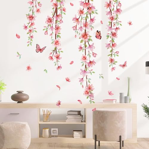 Wandtattoo Hängende, Wandaufkleber Blumen Rosa auf Ast Wandsticker, Wandtattoos für Schlafzimmer Wohnzimmer Sofa Fenster Wanddeko