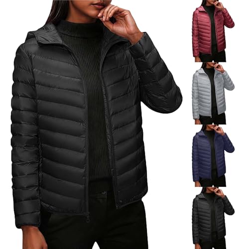 Generisch Winterjacke Damen Steppjacke Warme Daunenjacke Kapuze Puffer Jacket Kapuzenjacke Packbar Daunenfüllung Jacken Gepolstert Jacke Glänzend Sportjacke Down Jacket Locker Mantel Schwarz XL