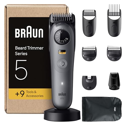 Braun Barttrimmer Series 5, Elektrischer Bartschneider Herren mit 9 Zubehörteile, Ultrascharfe ProBlade Klinge, 120 Min Akkulaufzeit, Kabelloser Bartrasierer, 40 Längen, Wasserdicht, BT5565, Grau