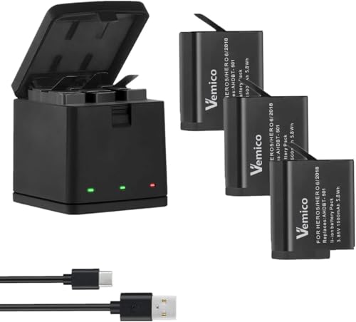 Vemico Hero 7/6/5 Akku Ladegerät Kit 3 Pack 1500mAh Ersatzakkus Typ-C LED 3-Kanal Ladegerät für Hero 7 / Hero6 / Hero 5 Black/Hero 2018/ AHDBT-501 (Vollkompatibel mit Original)