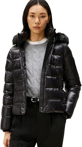 Tommy Hilfiger Damen Pufferjacke Gloss Down Slim mit Fellbesatz, Schwarz (Black), L