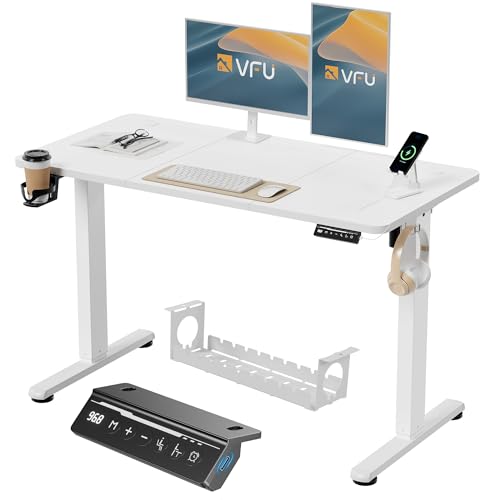 VFU Höhenverstellbarer Schreibtisch 120 x 60 cm mit USB-C Ladeanschluss, Schreibtisch Höhenverstellbar Elektrisch mit Memory Funktion, Steh-Sitz Tisch, Computertisch für Büro, Standing Desk, Weiß Pro