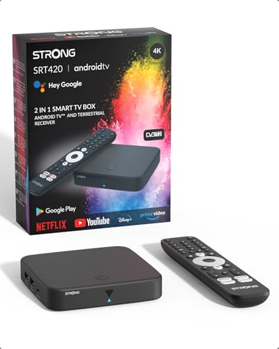 STRONG SRT420 4K Streaming Box Android TV Mit Ethernet-Port, DVB-T2, 2GB RAM + 16GB Speicher, Integriertem Chromecast, WiFi, Google Sprachassistent, HDR10+, Dolby Audio & Dolby Vision
