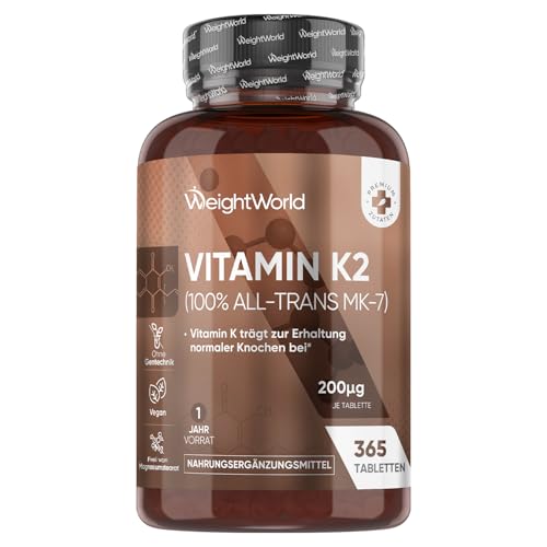 Vitamin K2 MK7-365 vegane Tabletten - 200µg je Dosis - 100% All-Trans Menachinon - 1 Jahr Vorrat - Vitamin K Präparate von WeightWorld