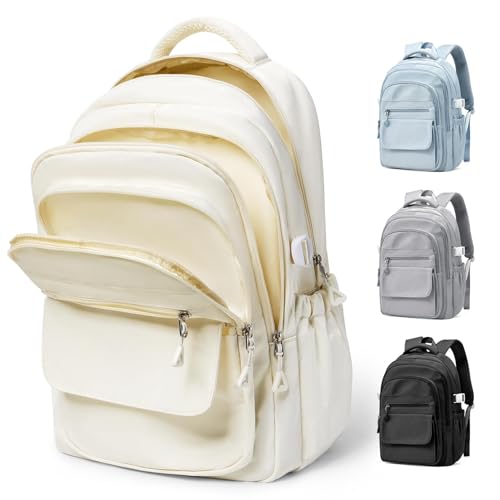 Lendolk Schulrucksack Groß Teenager Mädchen Jungen, Uni Rucksack Beige Herren Damen mit Laptopfach, Wasserfester Schul Rucksack mit vielen fächern, Schultaschen