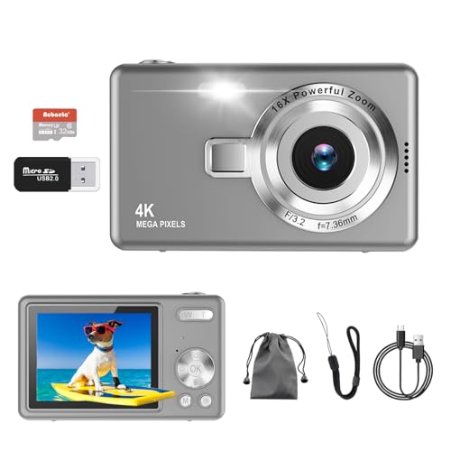Digitalkamera, UHD 4K 50MP Kamera Fotoappara mit 32GB SD-Karte, 16X Digitalzoom, Wiederaufladbarer Akku, Tragbare Vlog Kamera für Kinder Teenager Student Anfänger (Grau)