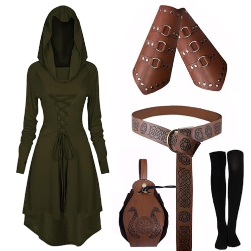 CNVAUIE Mittelalter Kleidung Kostüm Damen Set Mittelalterliches Kapuzenkleid Set Renaissance Kostüm Set mit Armschützern Gürtel Gürteltasche Strümpfe Zubehör (grün, L)
