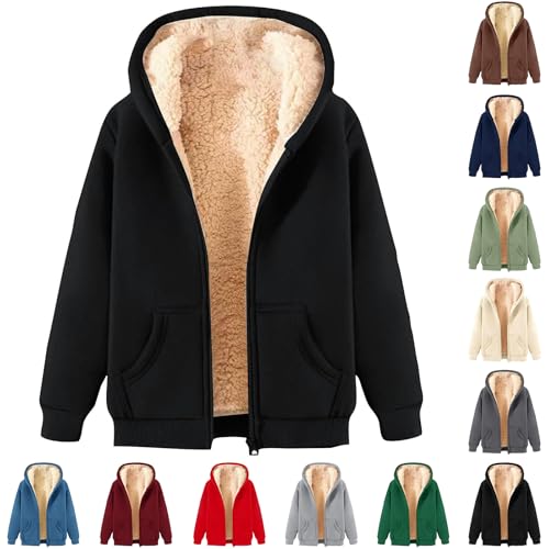 Uwdiohq Fleecejacke Damen Hoodie Kapuzenpullover mit Zipper, Fleecepullover Dick Warm Basic Sweatjacke mit Kapuze, Winterjacke Einfarbig Hooded mit Reißverschluss Sportlicher, (Schwarz,XL)