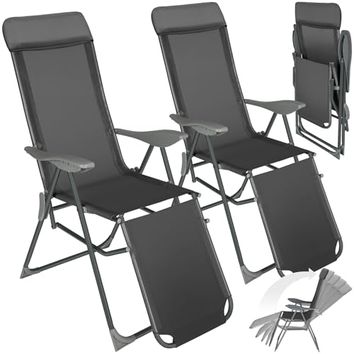tectake® 2er Set Alu Sonnenliege Liegestuhl, Gartenstühle 5-Fach verstellbare Rückenlehne, Gartenliege mit Fußteil, leicht & klappbar, Relaxsessel mit Kopfpolster, Camping Garten Balkon - anthrazit