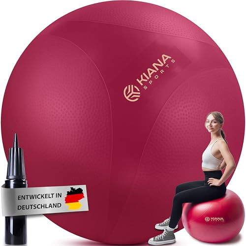 KIANA SPORTS® Gymnastikball & Sitzball - 4 Größen - Deutsche Entwicklung - Rutschfester Yoga Ball mit Noppen - Extra Dick & Belastbar - inkl. Pumpe & Übungsplan – Ideal für Fitness & Büro