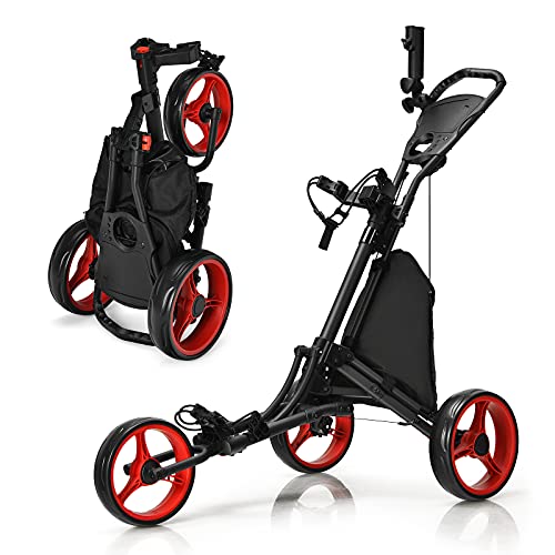 GOPLUS Golf Trolley, Golftrolley 3 Rad mit Verstellbarer Griff, Fußbremse, Golfwagen klappbar mit Schirm- und Getränkehalter & wasserdichter Tasche, Golfcaddy Golf Push Cart (Rot)