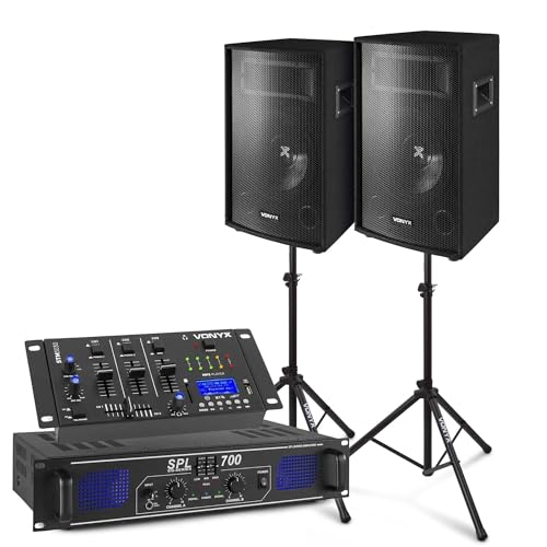 SkyTec - DJ Lautsprecher Set, Mobile PA Anlage Komplettset 700 Watt, mit Mischpult, Verstärker, Stativen und Kabeln, DJ Set Komplett, 12 Zoll DJ Boxen Set, 8 Ohm PA System, DJ Anlage für Beginner