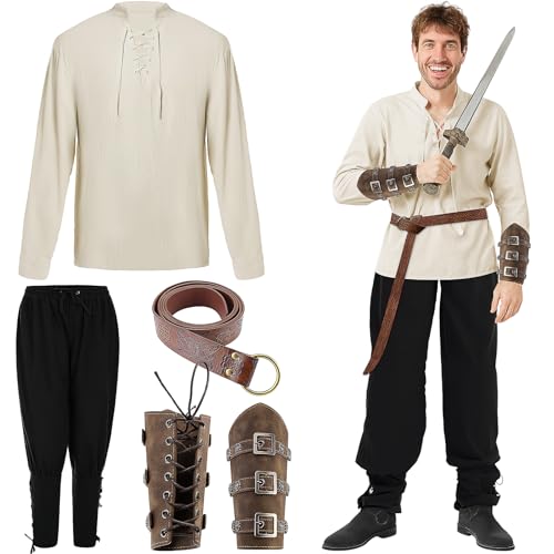 KDXBQ 4-teiliges Halloween Herren-Renaissance-Kostümset Mittelalter Piratenhemd Knöchellange Hosen Wikinger-Gürtel Accessoires (Beige-Schwarz, M)