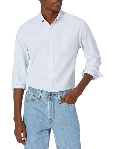Amazon Essentials Herren Langärmliges Oxford-Hemd mit normaler Passform, Blau Streifen, L