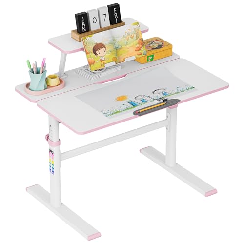 MARK ADLER Study 3.7 Kinderschreibtisch höhenverstellbar & ergonomisch mit neigbarer Tischplatte | Schulschreibtisch mit Stiftablage & Bücherhalter | Für Kinder ab 5 Jahren | Rose