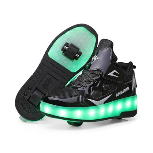 HUSKSWARE Kinder Schuhe mit Rollen – LED Sneaker 2 Rollen, USB aufladbar, Farbwechsel Licht, Skateboard Schuhe Jungen Mädchen, Rollschuhe Sportlich, Schwarz Rosa Gold Silber Weiß, Größe 28–41 EU