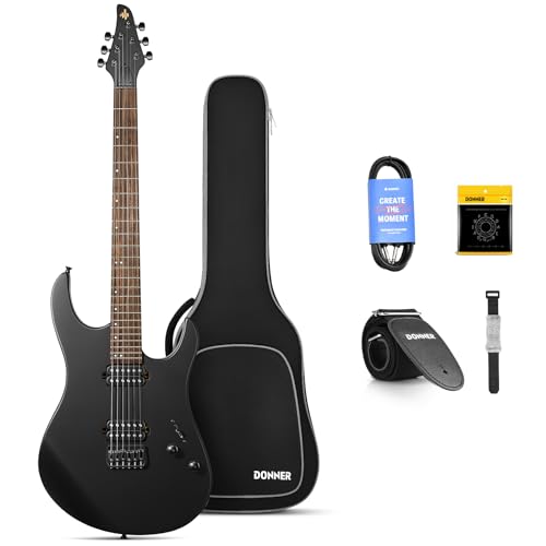Donner Solid Body E-Gitarre, DMT-100 39 Zoll Metall E-Gitarre Bausatz mit H-H Pickups, Tasche, Saiten, Gurt, Kabel, Saitendämpfer für Rockmusikliebhaber (Schwarz)