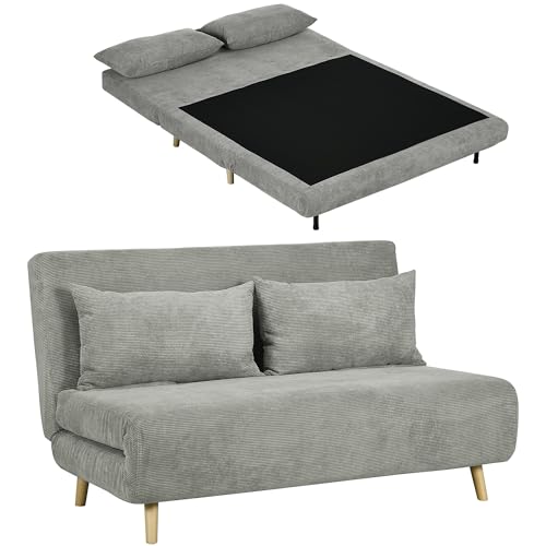 HOMCOM 3 in 1 Schlafsofa 2 Sitzer Sofa mit Schlaffunktion, 191 x 141 cm Klappbar Couch Schlafcouch mit 3-stufig Verstellbarer Rückenlehne und Kordoptik für Wohnzimmer, Grau