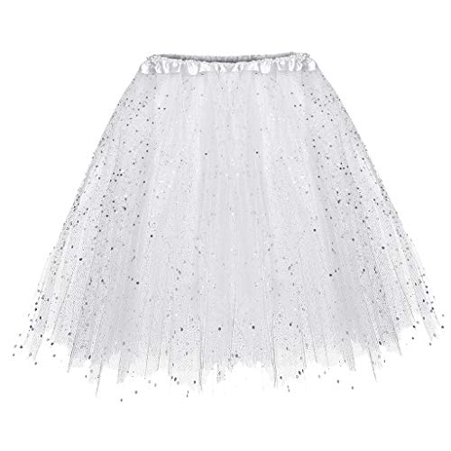 Glitzer Tütü Rock Damen Elastische Taille 3 Lägige Tüllrock 50Er 80Er Retro Minirock Geschichtet Rock Karneval Kostüm Damen Festlicher Tüllrock für Tanz Party Ballett (09 White, One Size)