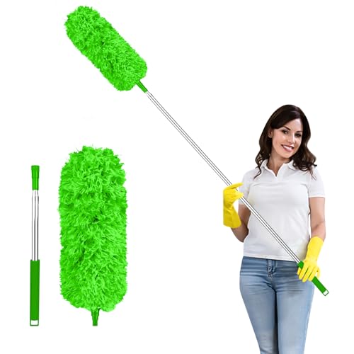 Fogray Staubwedel Teleskop Waschbar Duster Lang Ausziehbar mit Weichem Silikon Cap, Spinnenwebenentferner Staubwischer mit Teleskopstange, Staubfänger für hohe Decken Deckenventilator(Grün)