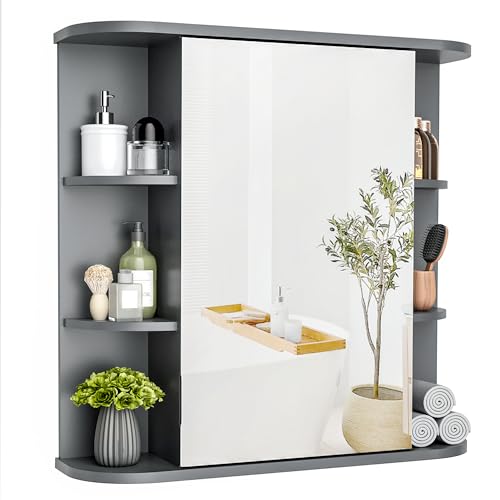Pamapic Spiegelschränke fürs Bad, Badezimmerschrank mit Spiegel, Hängeschrank Badezimmer mit verstellbaren Ablagen, Schrank mit Badezimmerspiegel, Wandschrank,67,5 x 60 cm, Grau