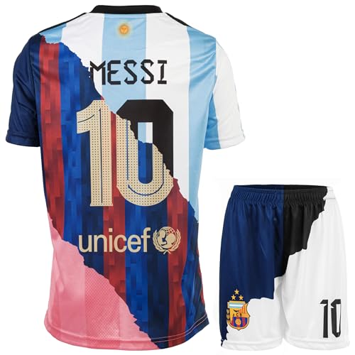HUSSATEX Miami Argentinien Barcelona Trio Special Vintage Edition Leo #10 Kinder Fußball Trikot & Shorts Geschenkset Jugendgrößen (Mix, 176)
