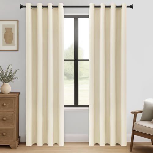 MRTREES Vorhang Blickdicht Gardinen Thermovorhang mit Ösen Verdunklungsvorhang Ösenschal, Kurz Modern 225×140cm(H×B) Beige Creme 2er Set für Hotels Büros Wohnzimmer Schlafzimmer Kinderzimmer