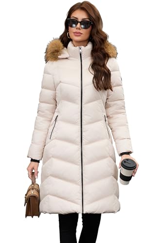 PAPILLON D'OR Damen Langer Puffermantel mit abnehmbarem Kunstfellkragen & Kapuze Winterjacke mit Fleece gefütterten Taschen & Rippbündchen (DE/NL/SE/PL, Alpha, XL, Regular, Regular, Rosa-Beige)