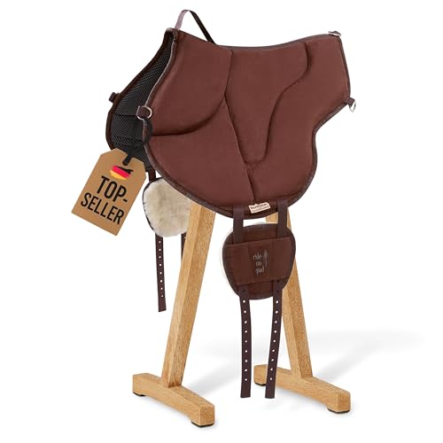 Barefoot Ride-On-Pad braun – Pferdefreundliches Reitkissen mit V-Gurtung – rutschfeste Mikrofaser-Oberfläche & Schafwoll-Patches – Größen für Erwachsene