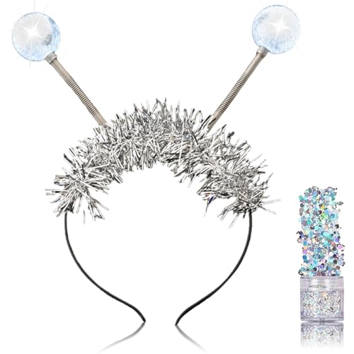 kiimiipa 2pcs LED Alien Kostüm Damen,Space Kostüm Damen LED Leuchtende Alien Haarreif und Holografischer Glitter,Discokugel Deko Party Gadgets,Fasching Kopfschmuck Herren Kinder Karneval