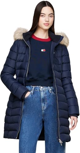 Tommy Jeans Damen Daunenmantel Essential Hooded Down Coat mit Kunstpelz, Blau (Dark Night Navy), XXS