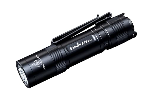 FENIX E12 v3.0, Mini-Taschenlampe, leicht, für den täglichen Gebrauch, 200 Lumen, 78 m, max. 100 Stunden, AA-Batterie, bidirektionaler Körperclip, magnetische Endkappe, IP68, Schwarz