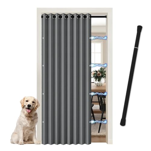 JCyh Türvorhang Blickdicht mit Stange, Leinenoptik Thermovorhang mit Magnetknopf, Grau Falttürvorhang ohne Bohren für Schrankvorhang, Raumteiler Vorhang, Umkleidekabine, Stange Schwarz 70-125 cm