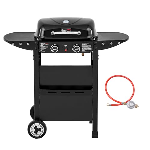 Royal Gourmet 2-Brenner Gasgrill und Griddle Combo, 2 IN 1 Grillwagen mit abklappbare Seitenablagen, Ablagekorb, 5 kW Campinggrill für Garten Schwarz