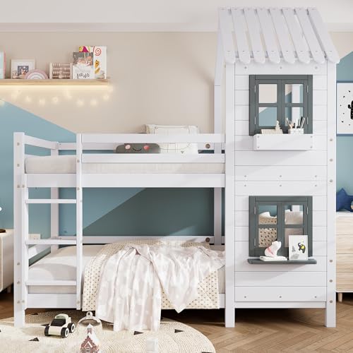 KecDuey 90x200 cm Etagenbett mit Handlauf und Fenster, Kinderbett Hausbett mit Fallschutz und Gitter, Rahmen aus Kiefer