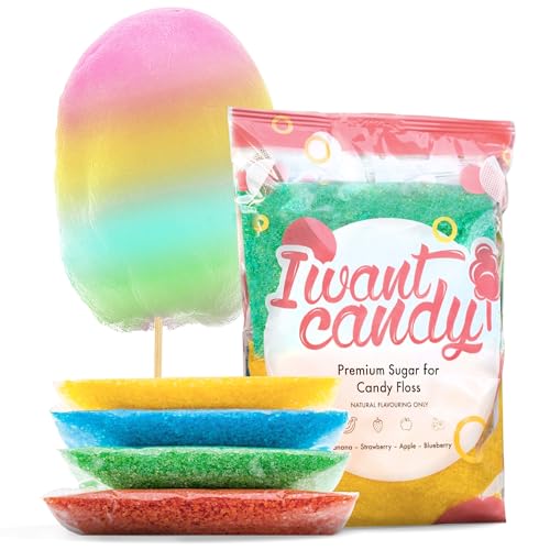 4x200g | AZO Frei | Natürliche Aromen | Apfel, Banane, Blaubeere, Erdbeere | Zucker für Zuckerwatte von I WANT CANDY®