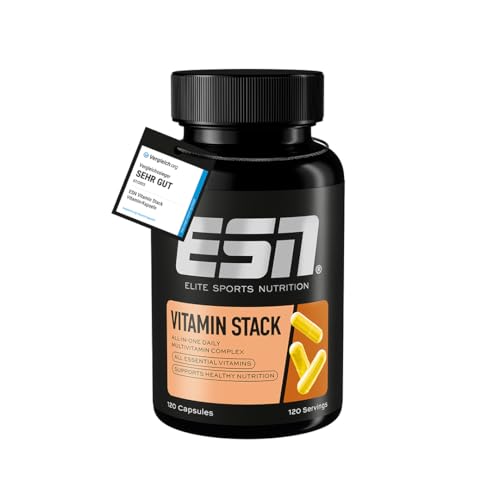 ESN Vitamin Stack, Multivitamin Kapseln, 120 Stück - 4 Monate Vorrat, hochdosiert, 13 wertvolle Vitamine in einer Kapsel, nur 1 Kapsel täglich, made in Germany